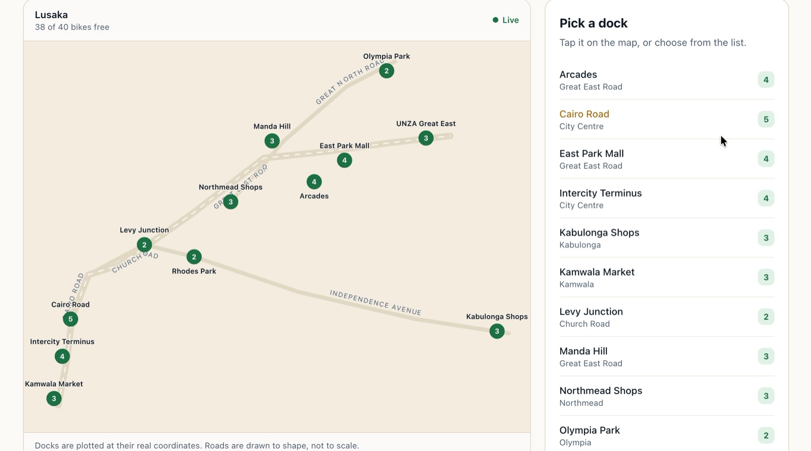 The Biking app: a map of Lusaka with twelve docks and the number of free bikes at each