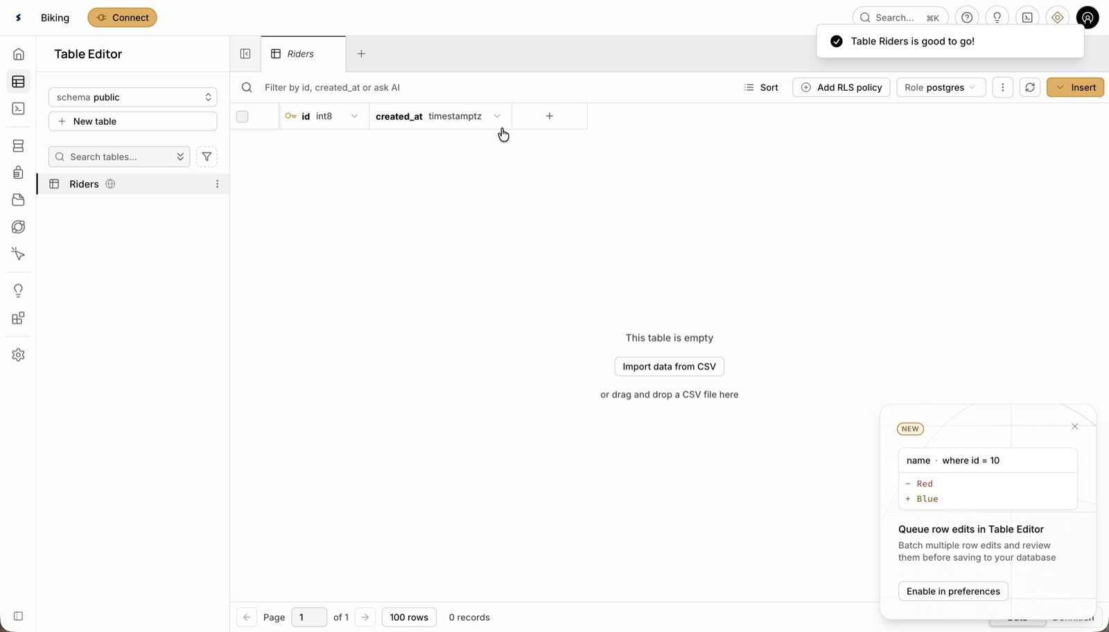 The SuloBase dashboard, Tables screen