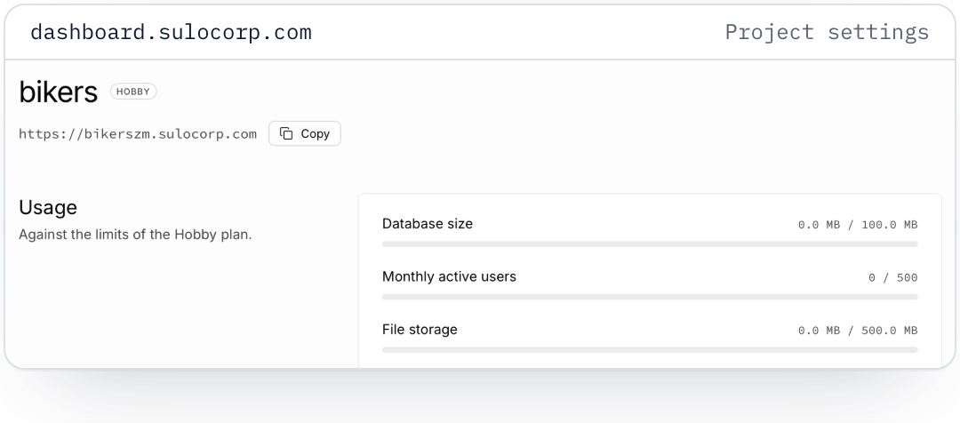 A project's settings page on the SuloBase dashboard: the project address, and its usage against the plan's limits.