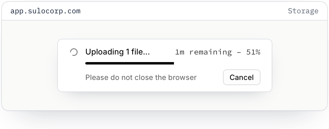 A large file uploading in SuloBase Studio: 51% done, a minute remaining.