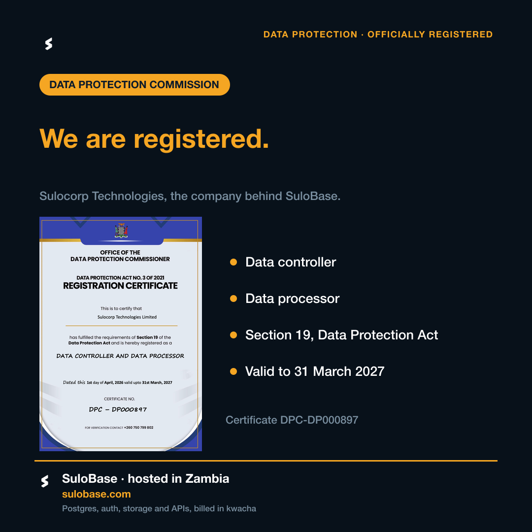 Sulocorp Technologies Limited’s registration certificate from the Office of the Data Protection Commissioner: data controller and data processor, certificate DPC-DP000897, valid to 31 March 2027.